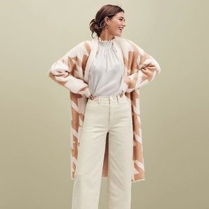 ANN TAYLOR OPEN HOUNDSTOOTH CARDIGAN COAT SWEATER DUSTER WHITE AND TAN SIZE XL